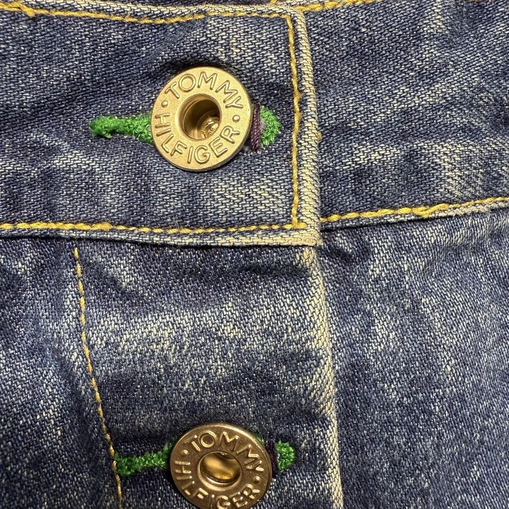 VTG Tommy Hilfiger Jeans Denim Skirt Women's 11 Button Front Y2K Logo Patch Mini
